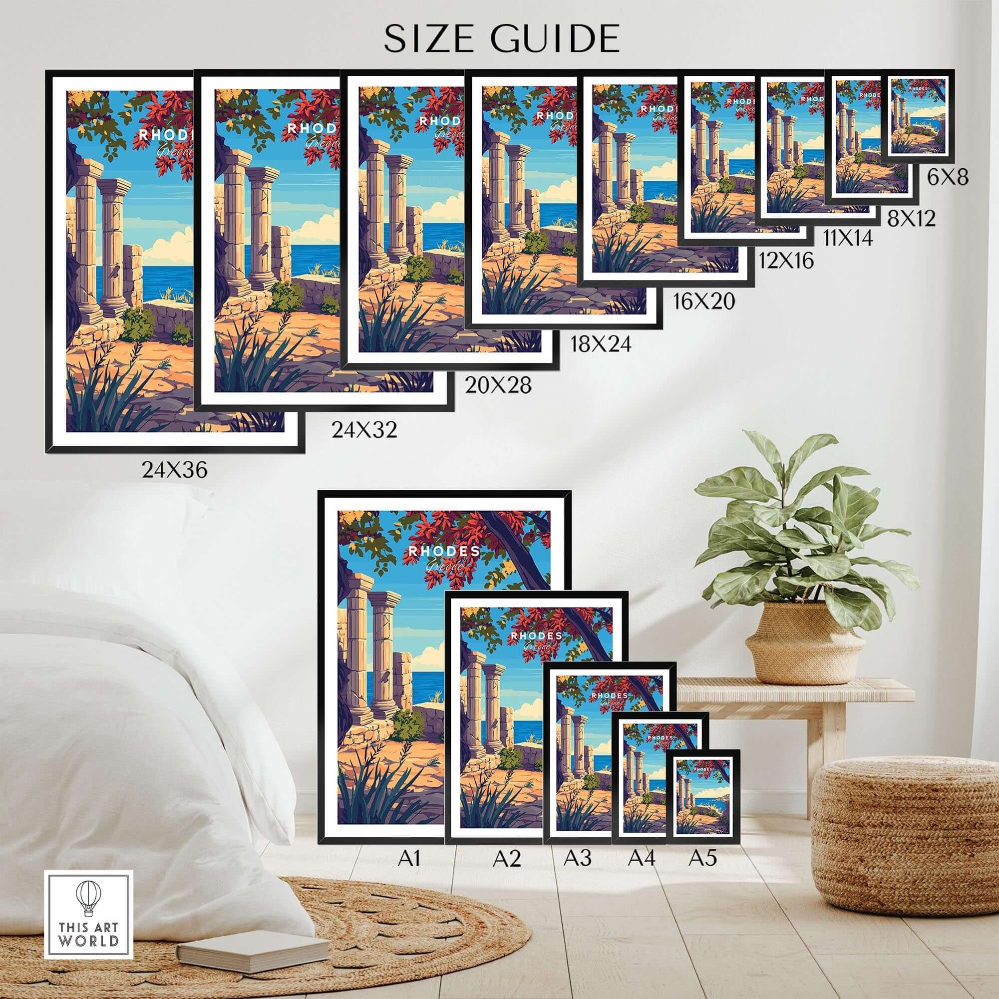Size guide for Rhodes Print travel poster in various frame sizes, showcasing Greece's beauty.