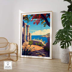 Rhodes Print travel poster showcasing the beauty of Greece's iconic landmarks and landscapes.
