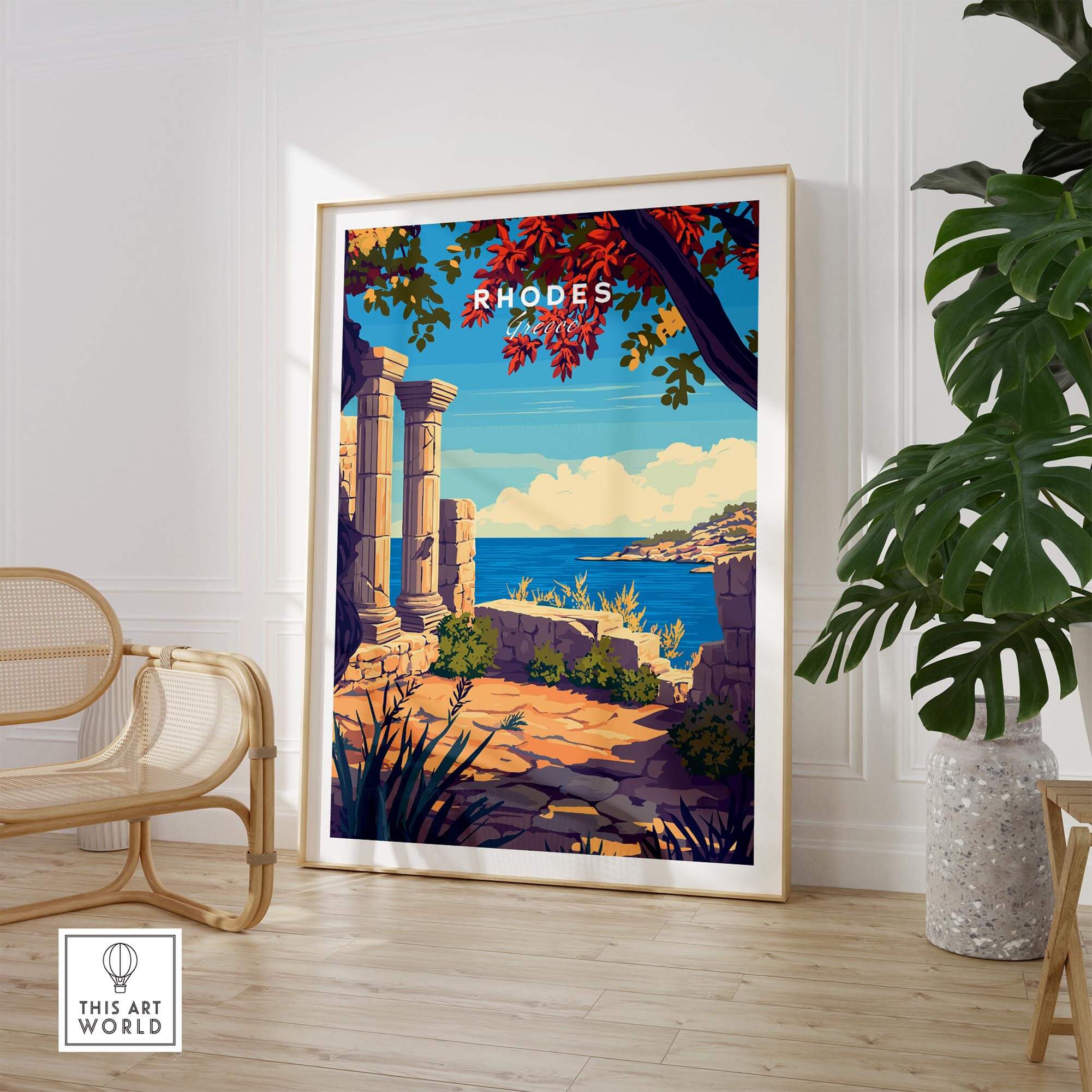 Rhodes Print travel poster showcasing the beauty of Greece's iconic landmarks and landscapes.