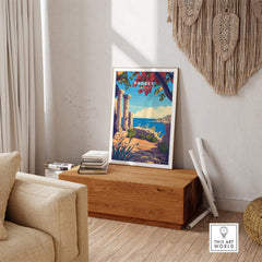 Rhodes Print showcasing the beautiful landscape and landmarks of Greece in a stylish home setting.