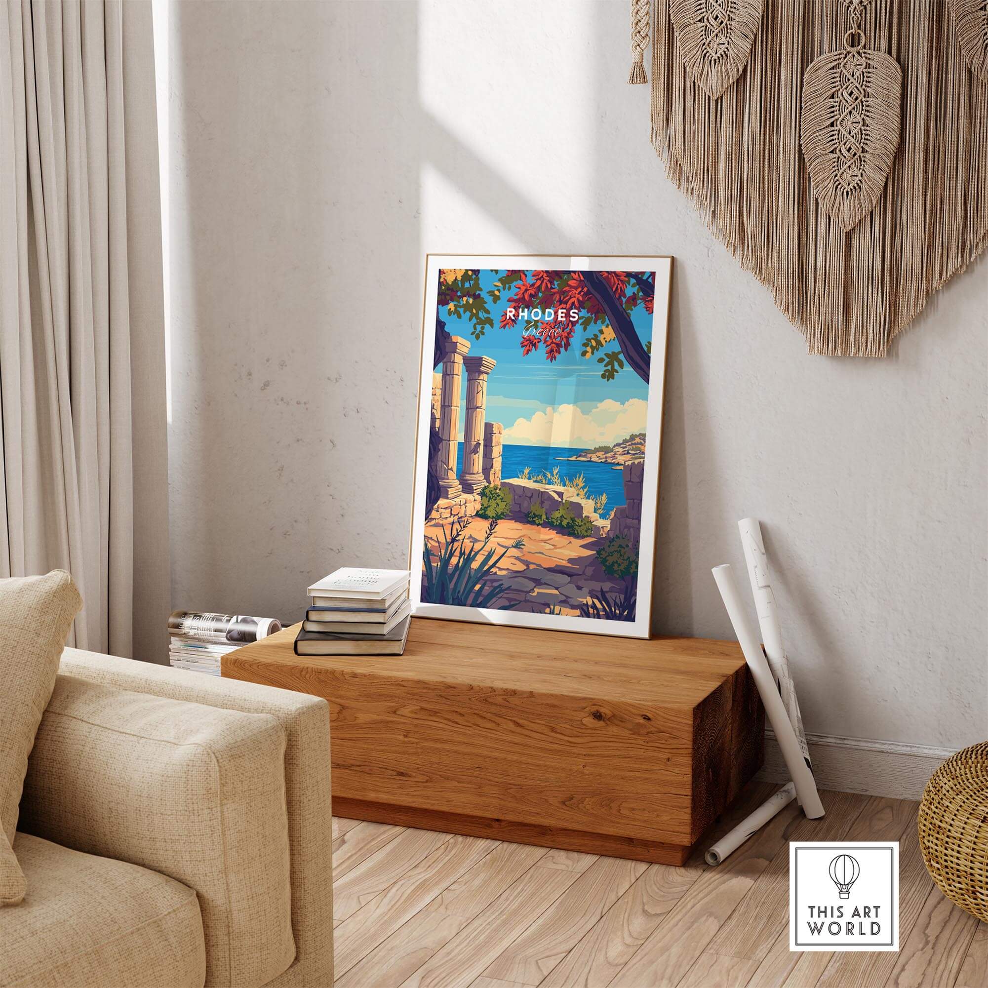 Rhodes Print showcasing the beautiful landscape and landmarks of Greece in a stylish home setting.