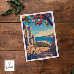 Rhodes Print premium travel poster featuring Greece's iconic landmarks and stunning scenery.
