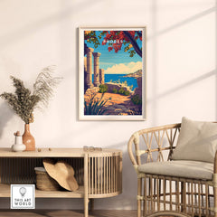 Rhodes Print travel poster featuring iconic Greek landmarks in a stylish home interior setting.