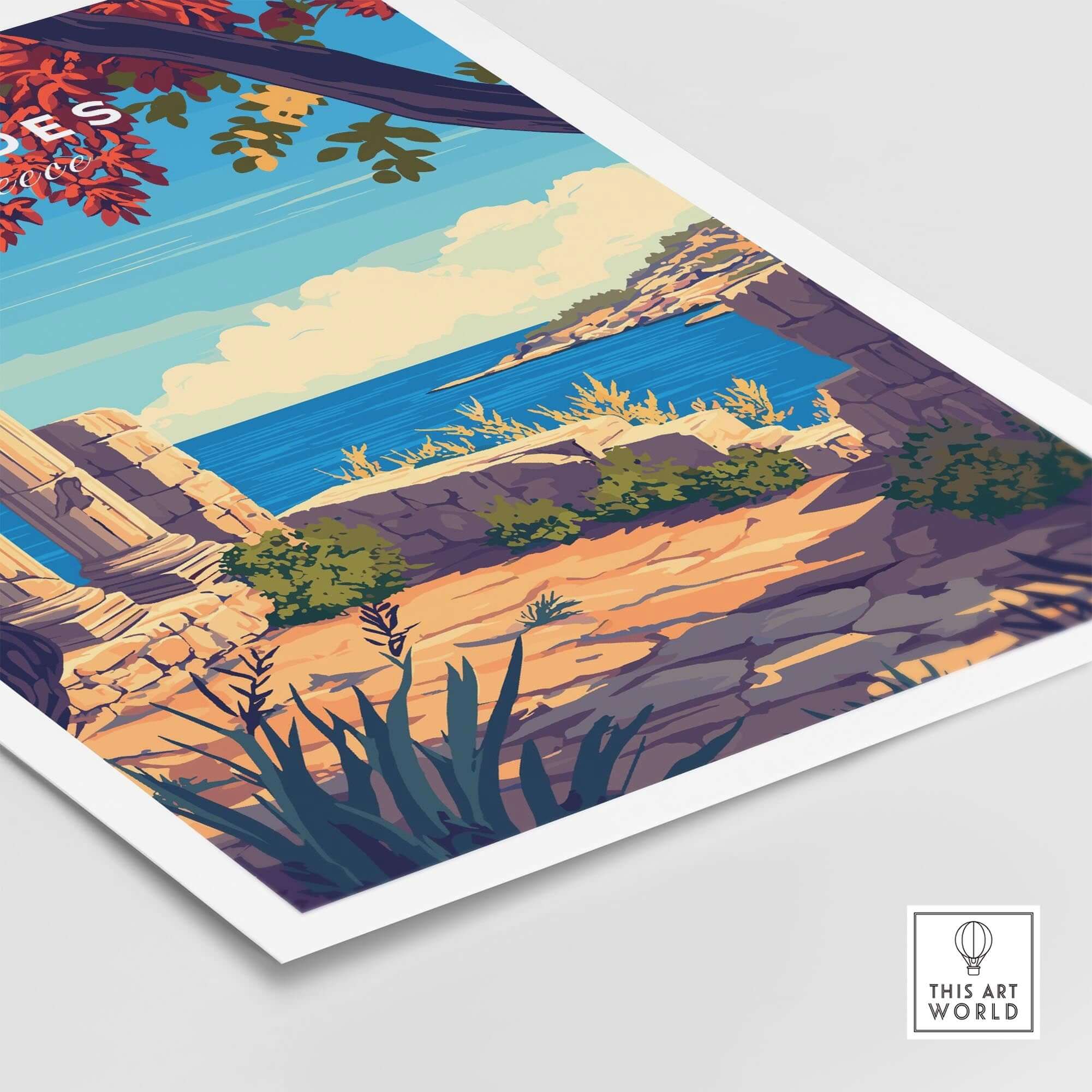 Rhodes Print showcasing Greece's iconic landmarks and stunning coastal scenery in vibrant colors.