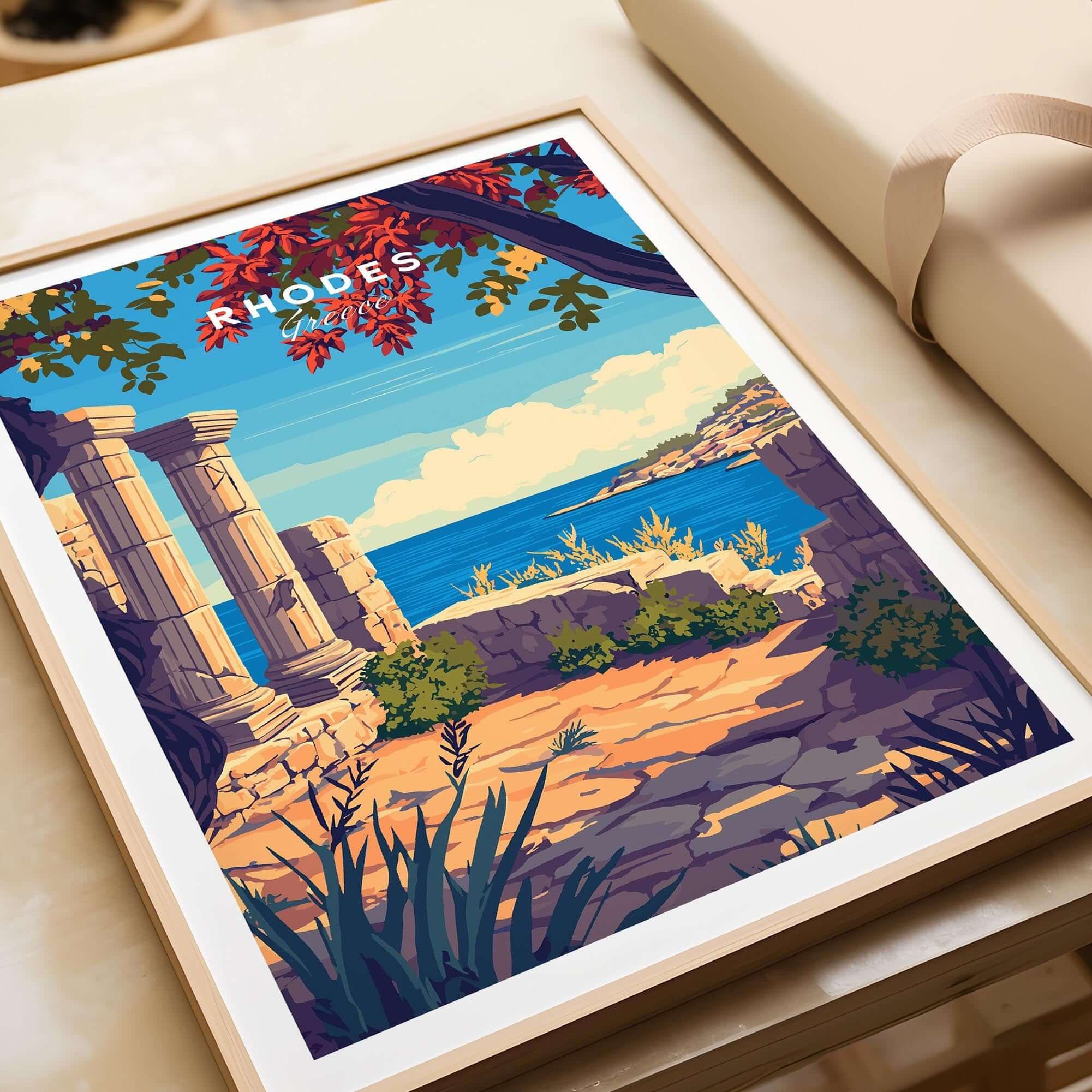 Rhodes Print vibrant travel poster featuring Greece's iconic landscape and historical ruins.