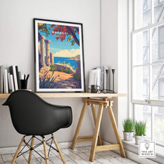 Rhodes Print travel poster showcasing Greece's beauty in a stylish home office setting.