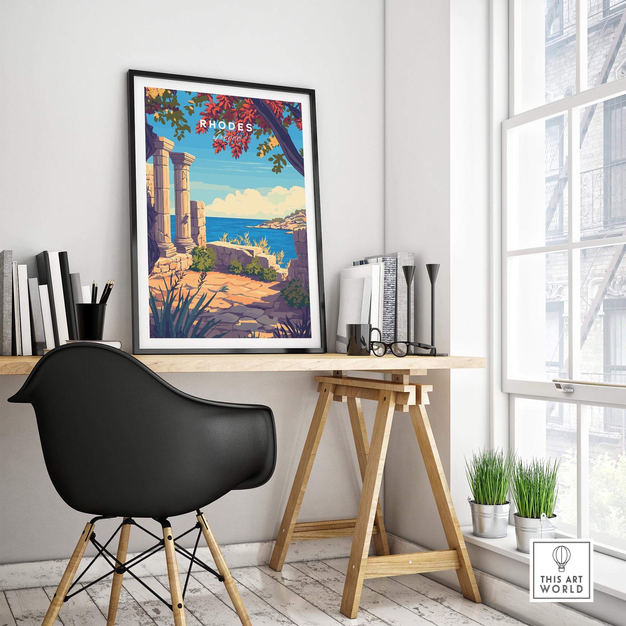 Rhodes Print travel poster showcasing Greece's beauty in a stylish home office setting.