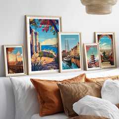 Rhodes Print travel poster displayed among other famous city prints in a stylish home interior.
