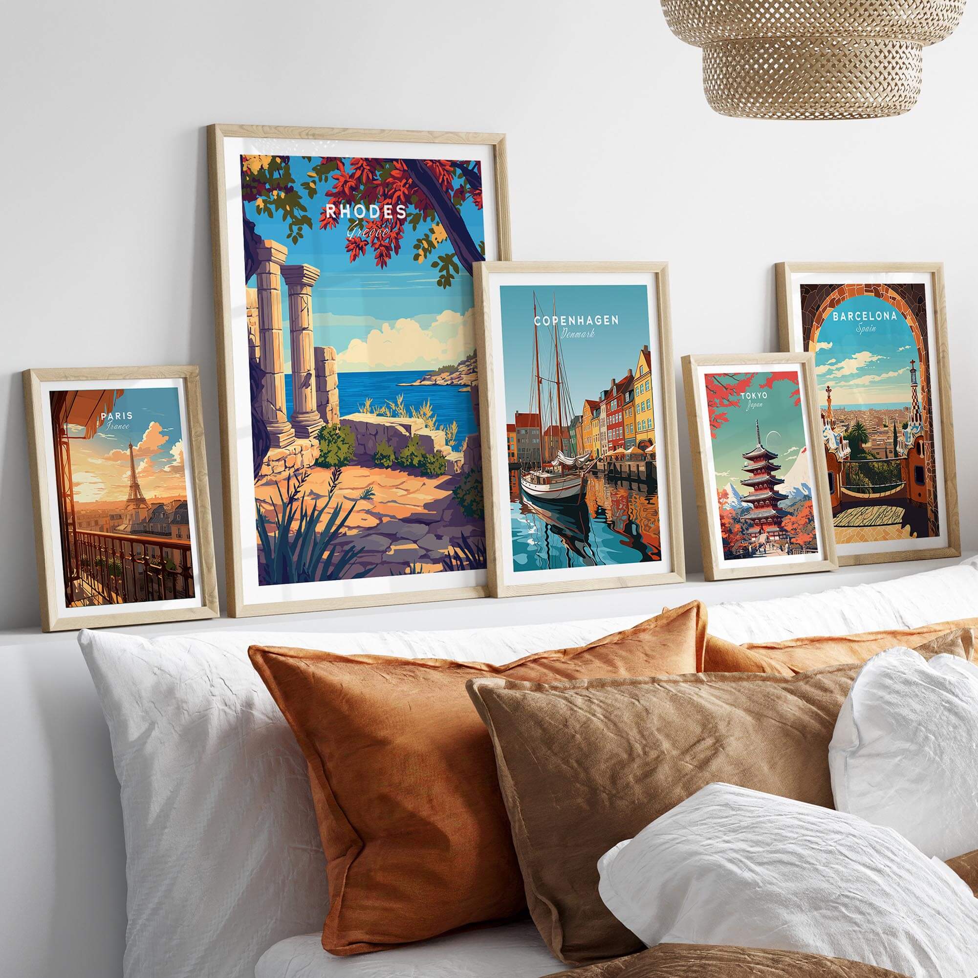 Rhodes Print travel poster displayed among other famous city prints in a stylish home interior.