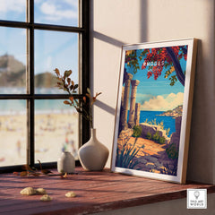 Rhodes Print showcasing Greece's beauty with scenic landmarks and vibrant colors in a stylish interior setting.