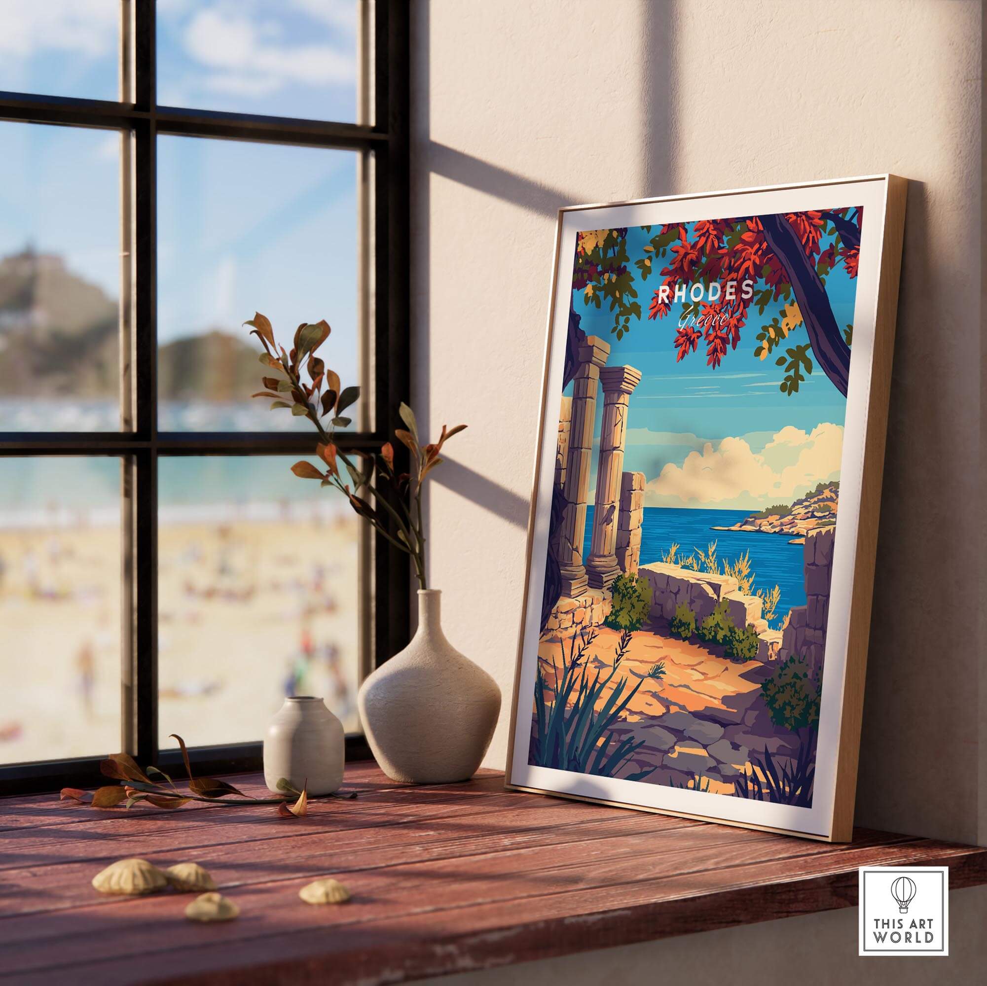 Rhodes Print showcasing Greece's beauty with scenic landmarks and vibrant colors in a stylish interior setting.