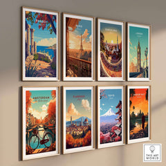 Rhodes Print and travel posters showcasing iconic cities including Paris, Barcelona, London, and Tokyo.