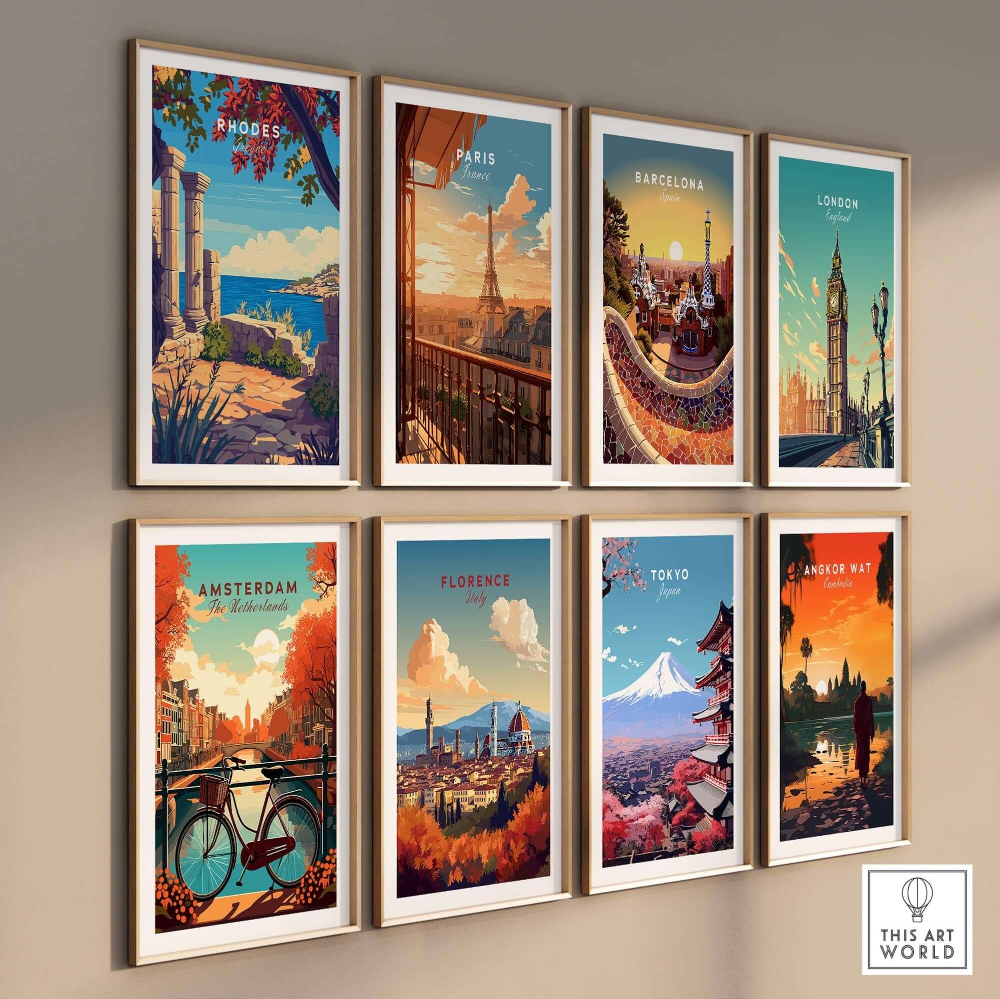 Rhodes Print and travel posters showcasing iconic cities including Paris, Barcelona, London, and Tokyo.
