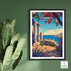 Rhodes Print travel poster depicting the beauty of Rhodes, Greece with iconic landmarks and vibrant colors.