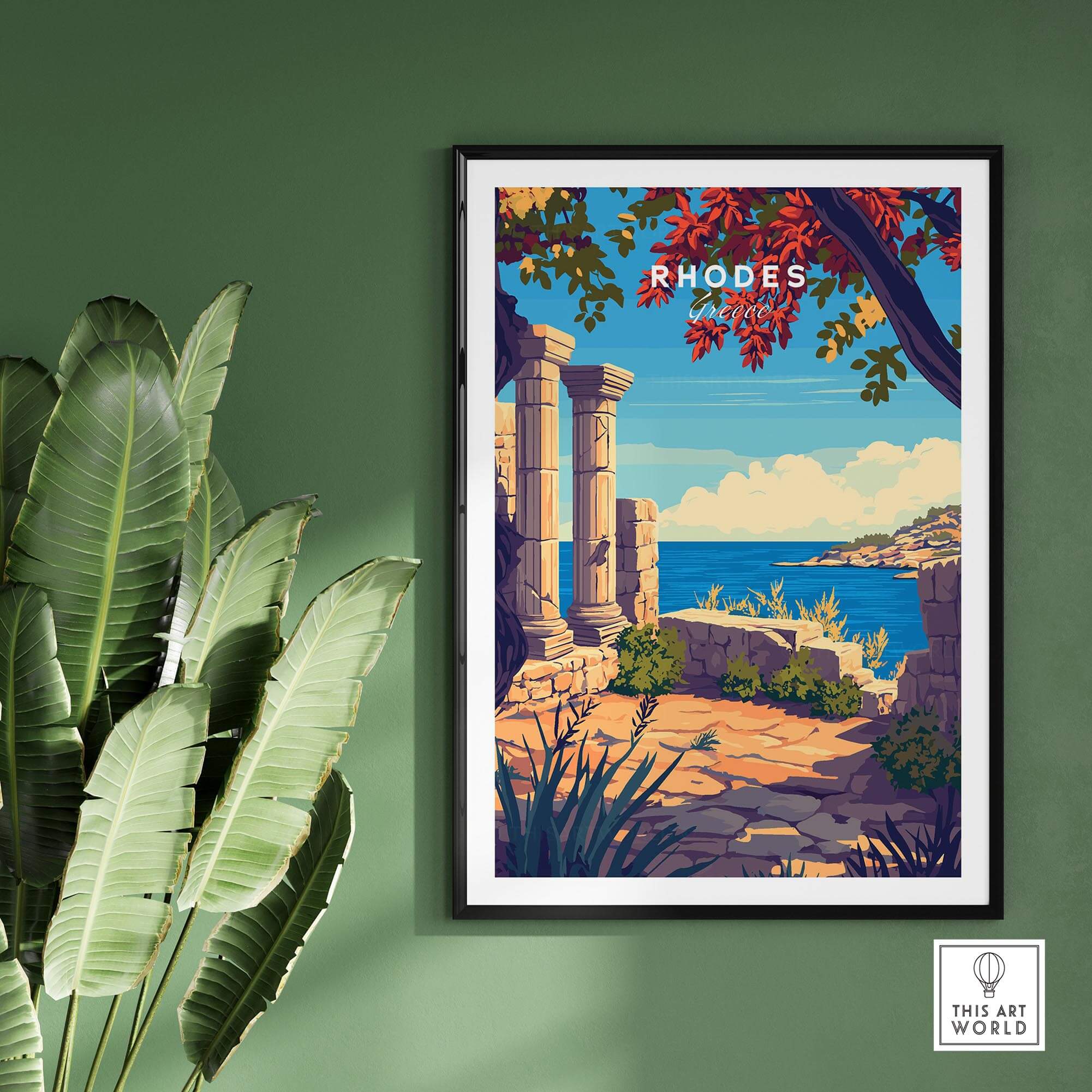 Rhodes Print travel poster depicting the beauty of Rhodes, Greece with iconic landmarks and vibrant colors.