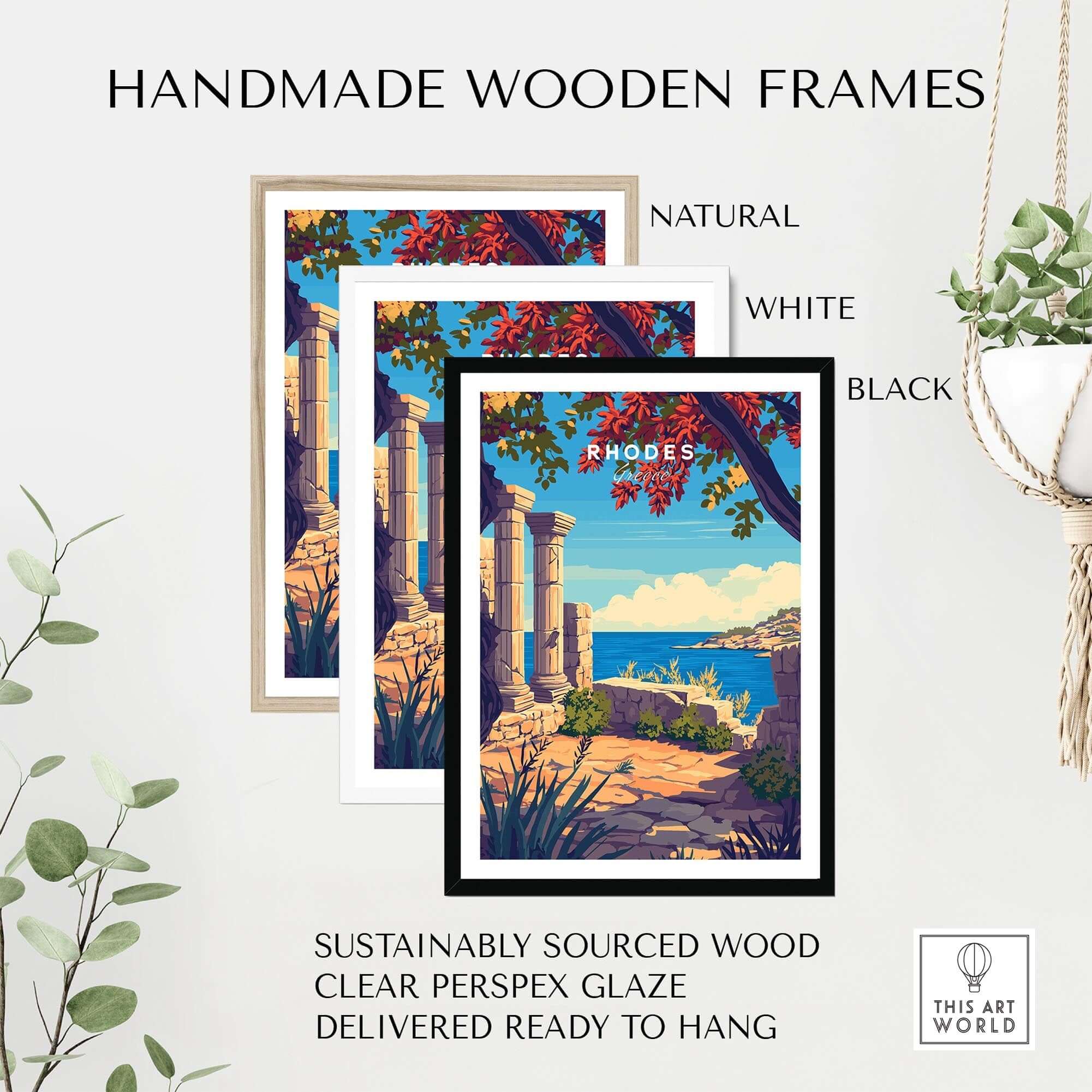 Rhodes Print displayed in handmade wooden frames in natural, white, and black finishes, showcasing sophisticated decor options.