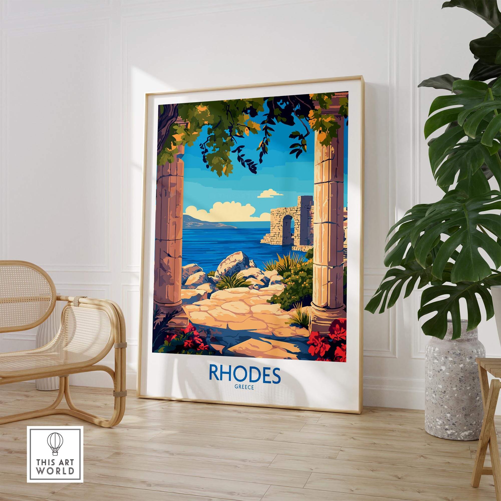 Rhodes Print Greece showcasing a beautiful view of the Mediterranean with vibrant colors and intricate details.