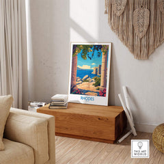 Rhodes Print Greece featuring a stunning coastal view and vibrant colors, ideal for Mediterranean-themed decor.
