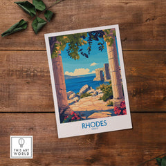 Rhodes Print Greece featuring a vibrant Mediterranean scene with columns and sea view.
