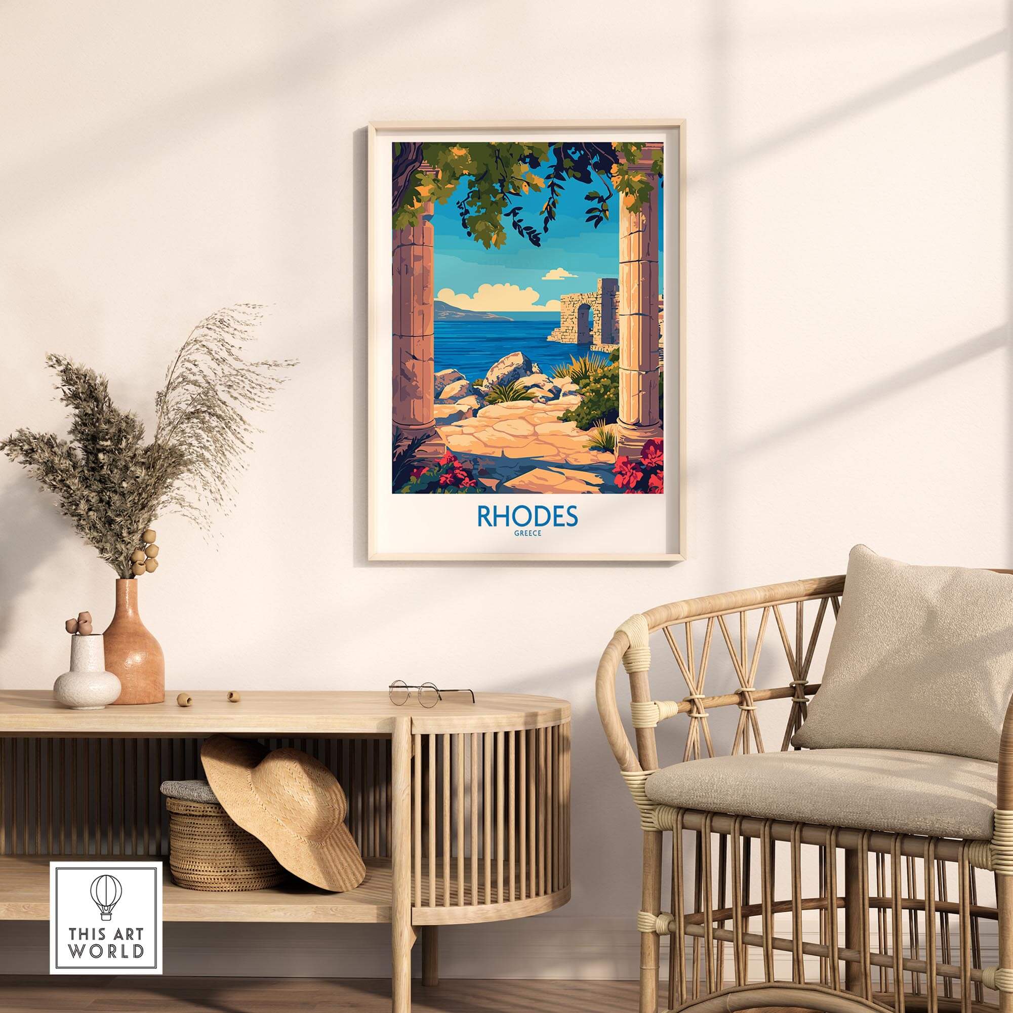 Rhodes Print Greece showcasing stunning Mediterranean coast scenery in a stylish living room setting.