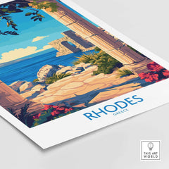 Rhodes Print Greece featuring vibrant Mediterranean coast scene with intricate details and colorful elements.