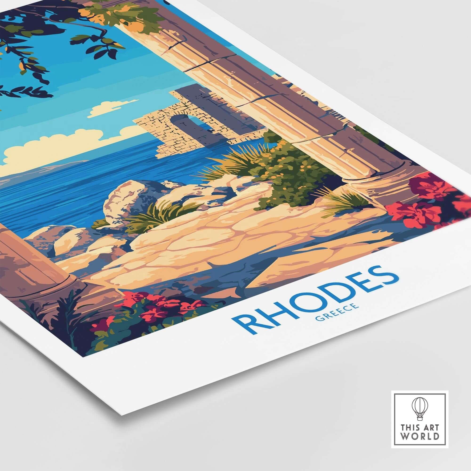 Rhodes Print Greece featuring vibrant Mediterranean coast scene with intricate details and colorful elements.