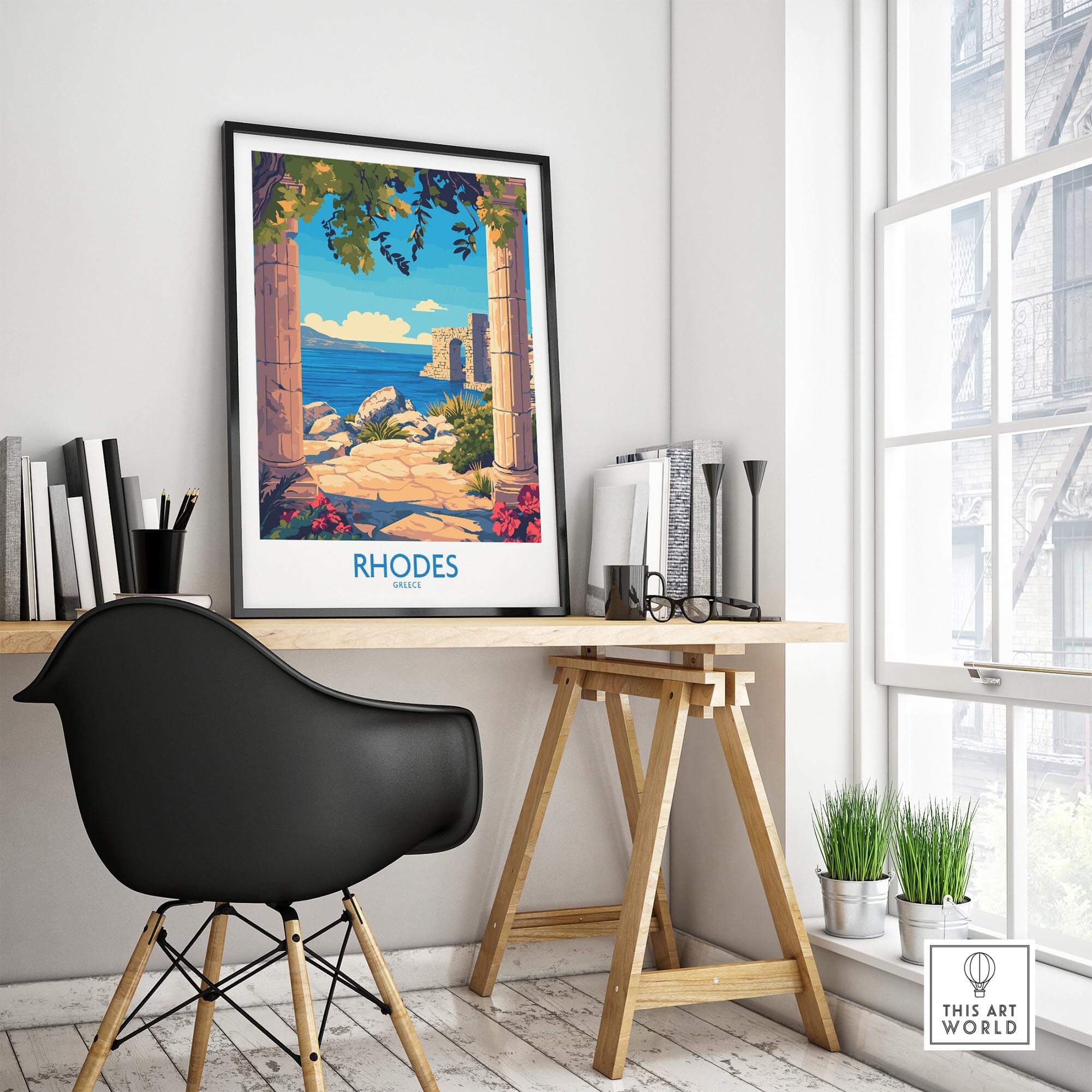 Rhodes Print Greece showcasing a vibrant Mediterranean scene in a stylish home office setting.