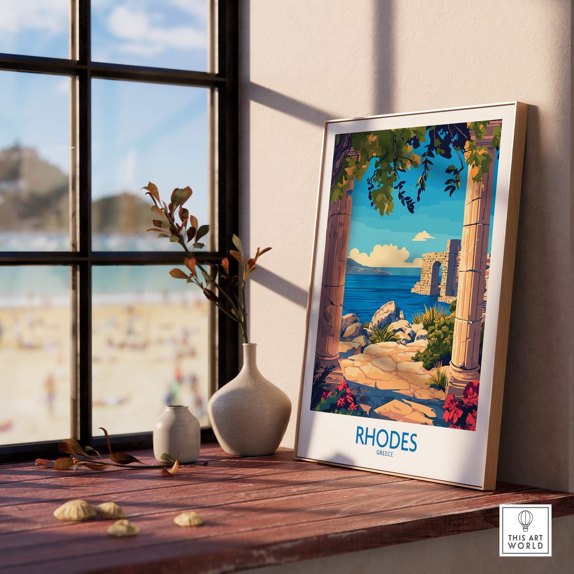 Rhodes Print Greece displayed in a sunlit room, showcasing the beauty of Greece and Mediterranean coast.