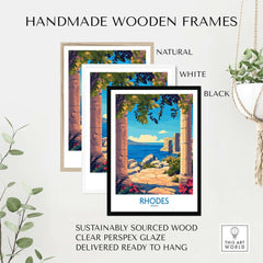 Rhodes Print Greece displayed in handmade wooden frames in natural, white, and black finishes.