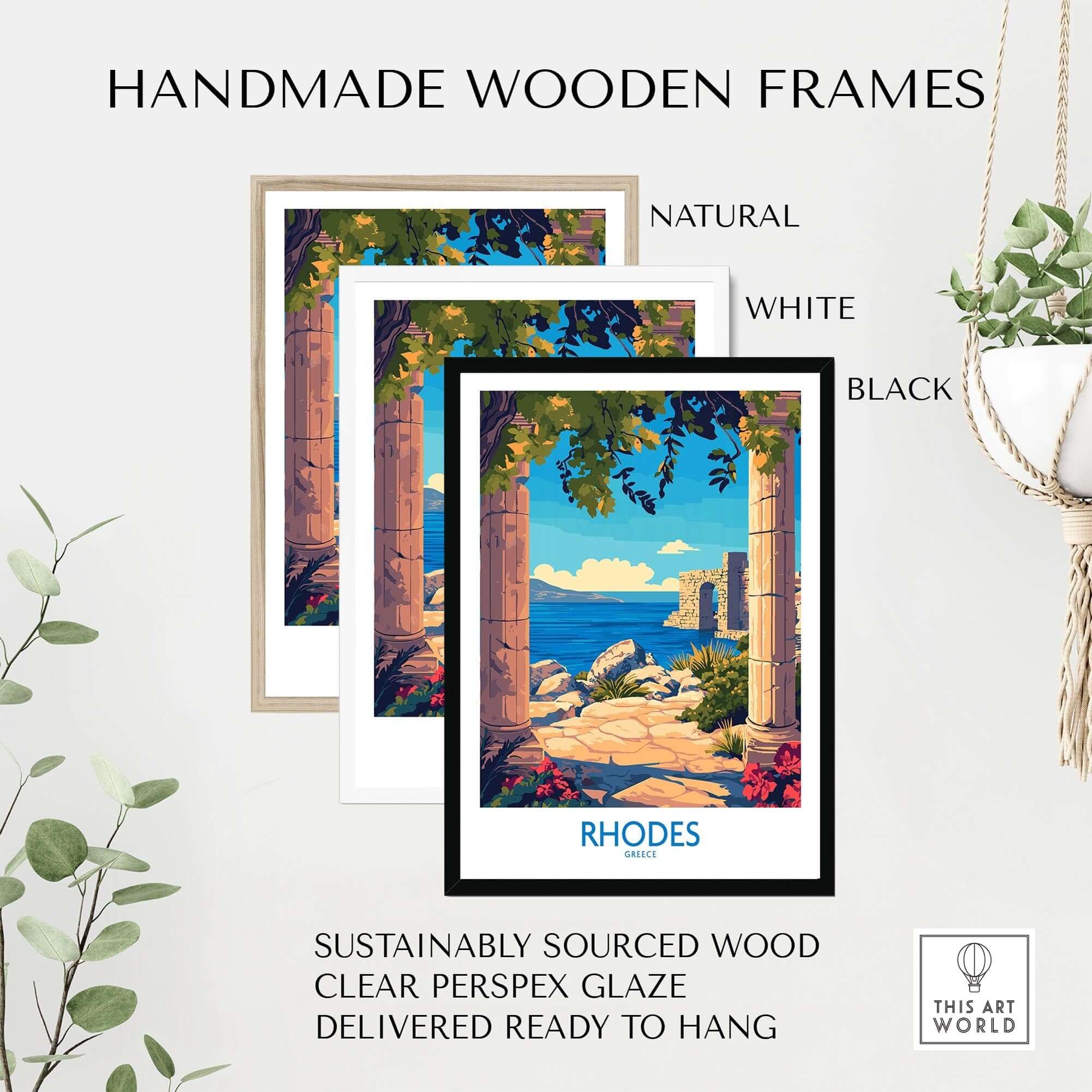 Rhodes Print Greece displayed in handmade wooden frames in natural, white, and black finishes.