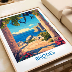 Rhodes Print Greece showcasing a vibrant Mediterranean landscape with columns and coastal views.
