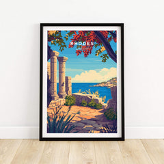 Rhodes Print featuring a vibrant coastal scene and ancient columns, capturing the beauty of Greece.