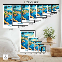 Rhodes Travel Poster size guide showcasing various frame sizes and styles for home decor.