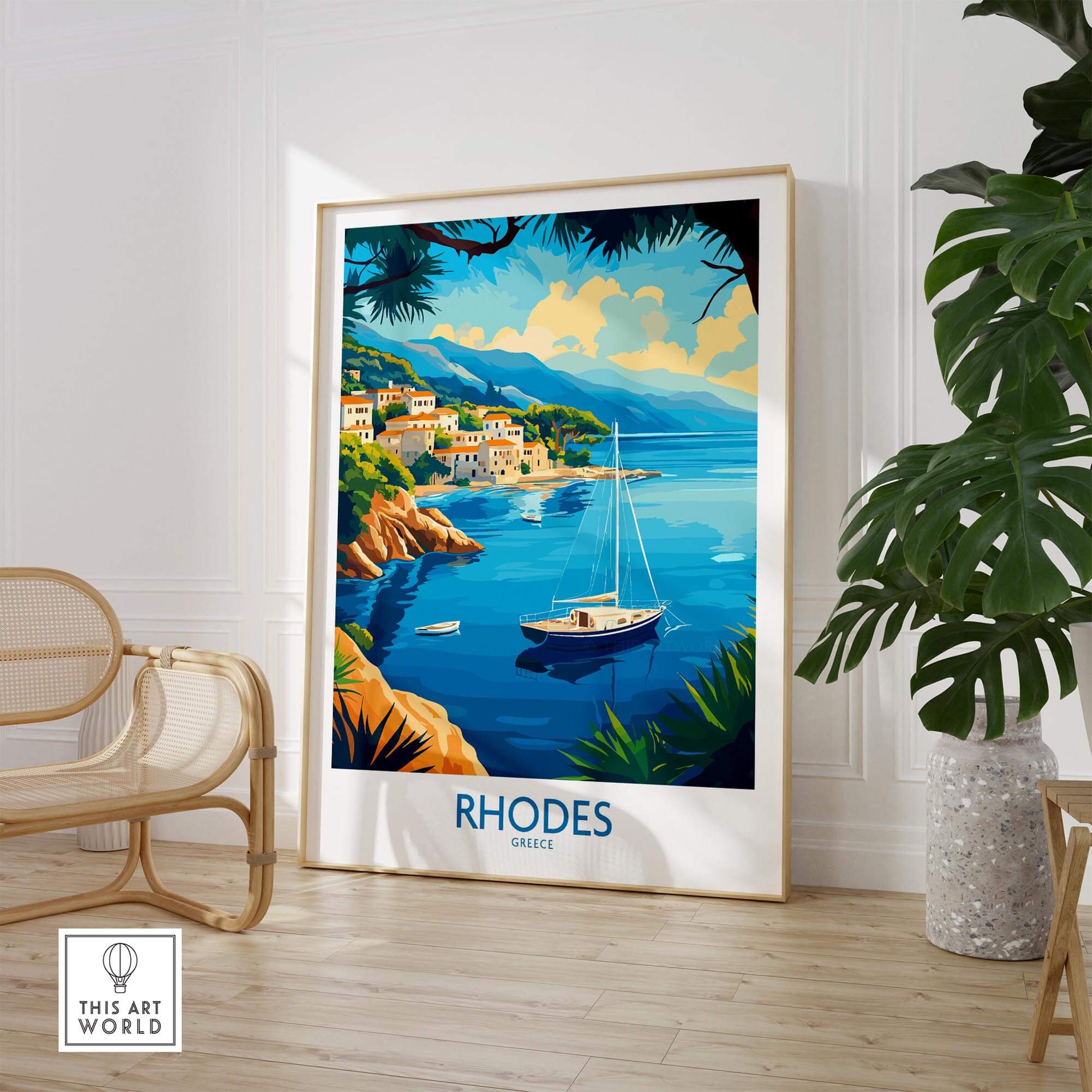 Rhodes Travel Poster showcasing the scenic beauty of Rhodes, Greece with a vibrant coastal view and a classic sailboat.