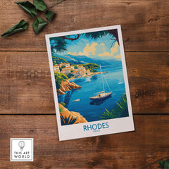 Rhodes Travel Poster showcasing a scenic coastal view of Rhodes, Greece with vibrant colors and a boat on the water.