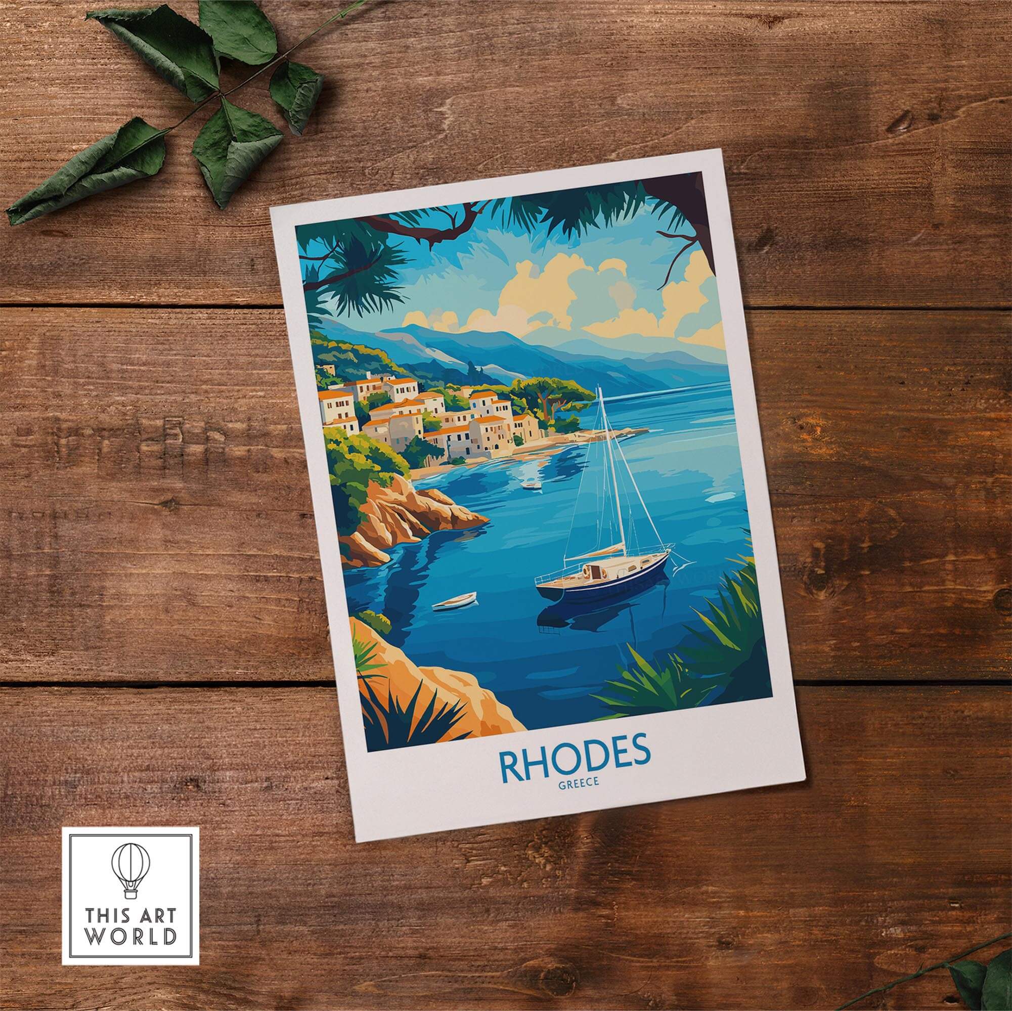 Rhodes Travel Poster showcasing a scenic coastal view of Rhodes, Greece with vibrant colors and a boat on the water.