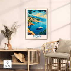 Rhodes Travel Poster showcasing a picturesque coastal view, perfect for enhancing home decor.