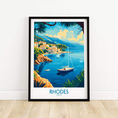 Rhodes Travel Poster showcasing a vibrant coastal scene of Rhodes, Greece with a sailboat and beautiful landscapes.