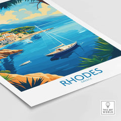 Rhodes Travel Poster featuring a serene Greek coastal scene with a sailboat and vibrant colors.