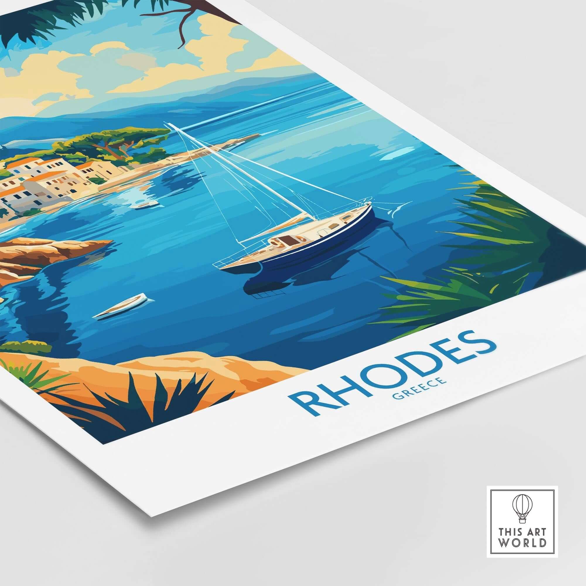 Rhodes Travel Poster featuring a serene Greek coastal scene with a sailboat and vibrant colors.