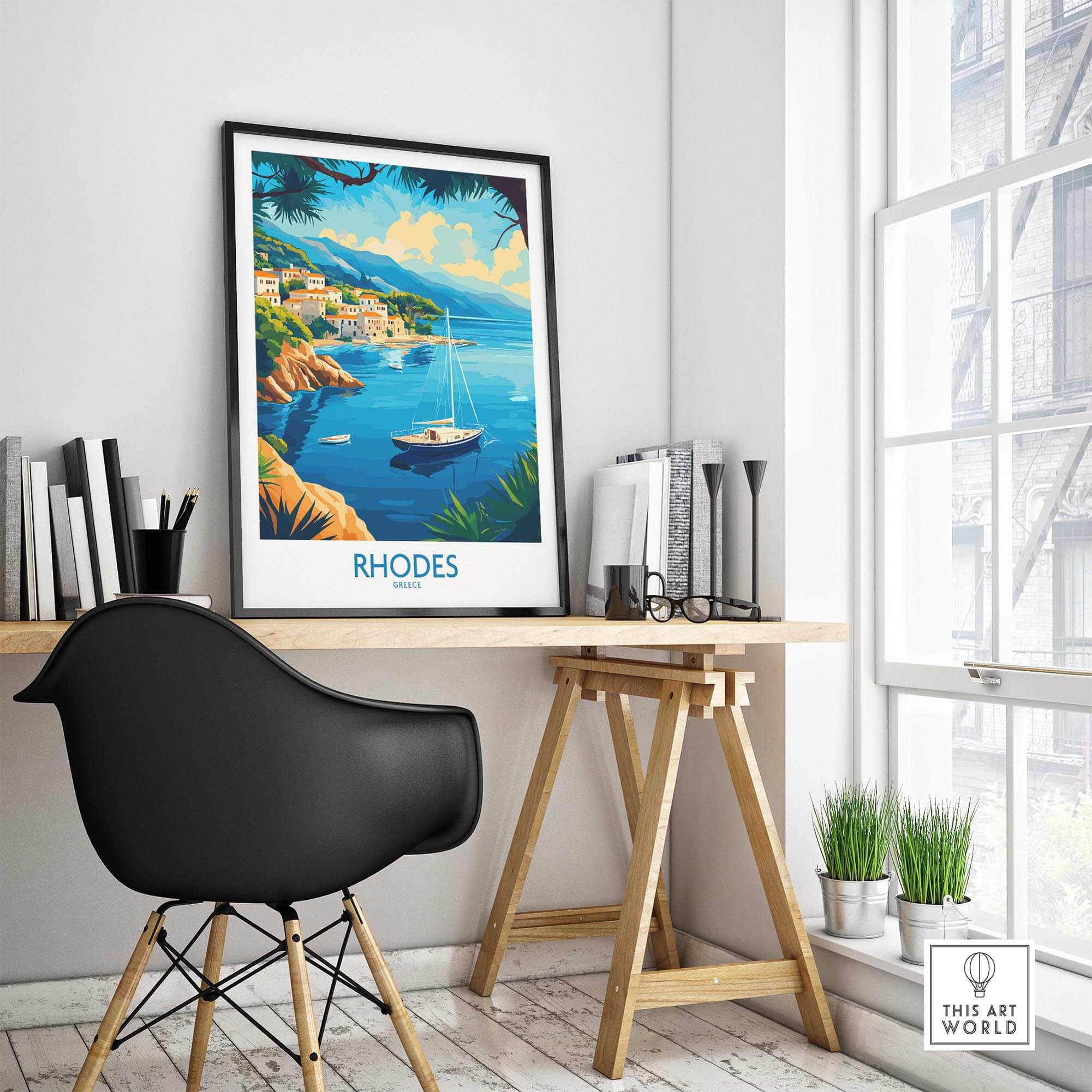 Rhodes Travel Poster displayed in a stylish workspace, highlighting the beauty of Rhodes, Greece with coastal scenery.