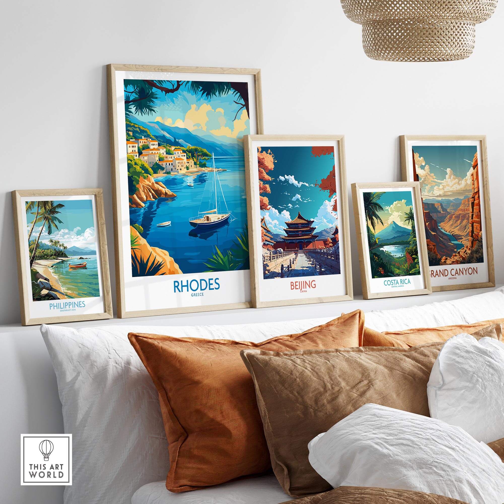 Rhodes Travel Poster displayed among other travel posters, showcasing the beauty of Greece in stylish wall art.