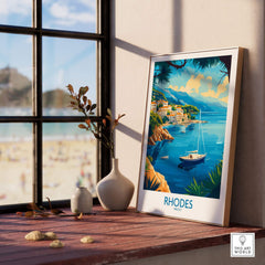 Rhodes Travel Poster displayed on a window sill with a beach view, showcasing the beauty of Rhodes, Greece.