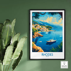 Rhodes Travel Poster featuring a scenic view of Rhodes, Greece with a boat and vibrant coastal landscape.