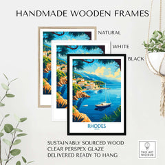 Rhodes Travel Poster displayed in handmade wooden frames, showcasing natural, white, and black options with a coastal view.