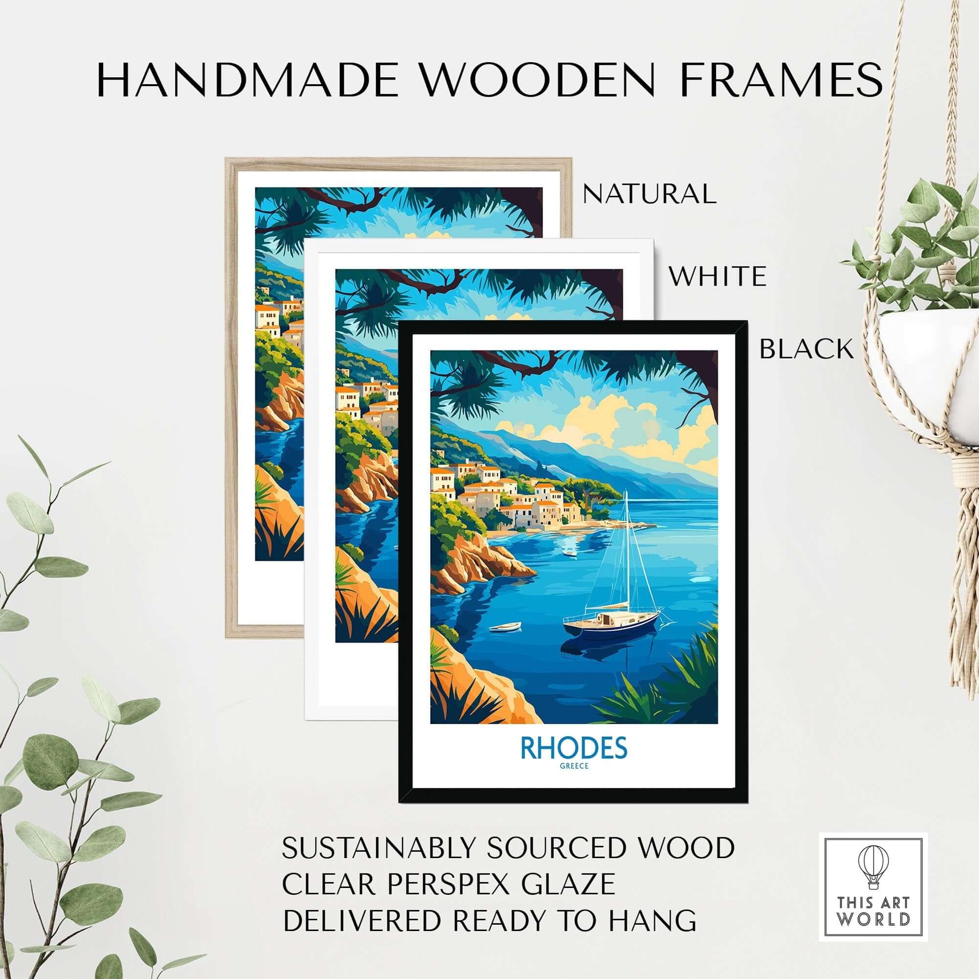 Rhodes Travel Poster displayed in handmade wooden frames, showcasing natural, white, and black options with a coastal view.