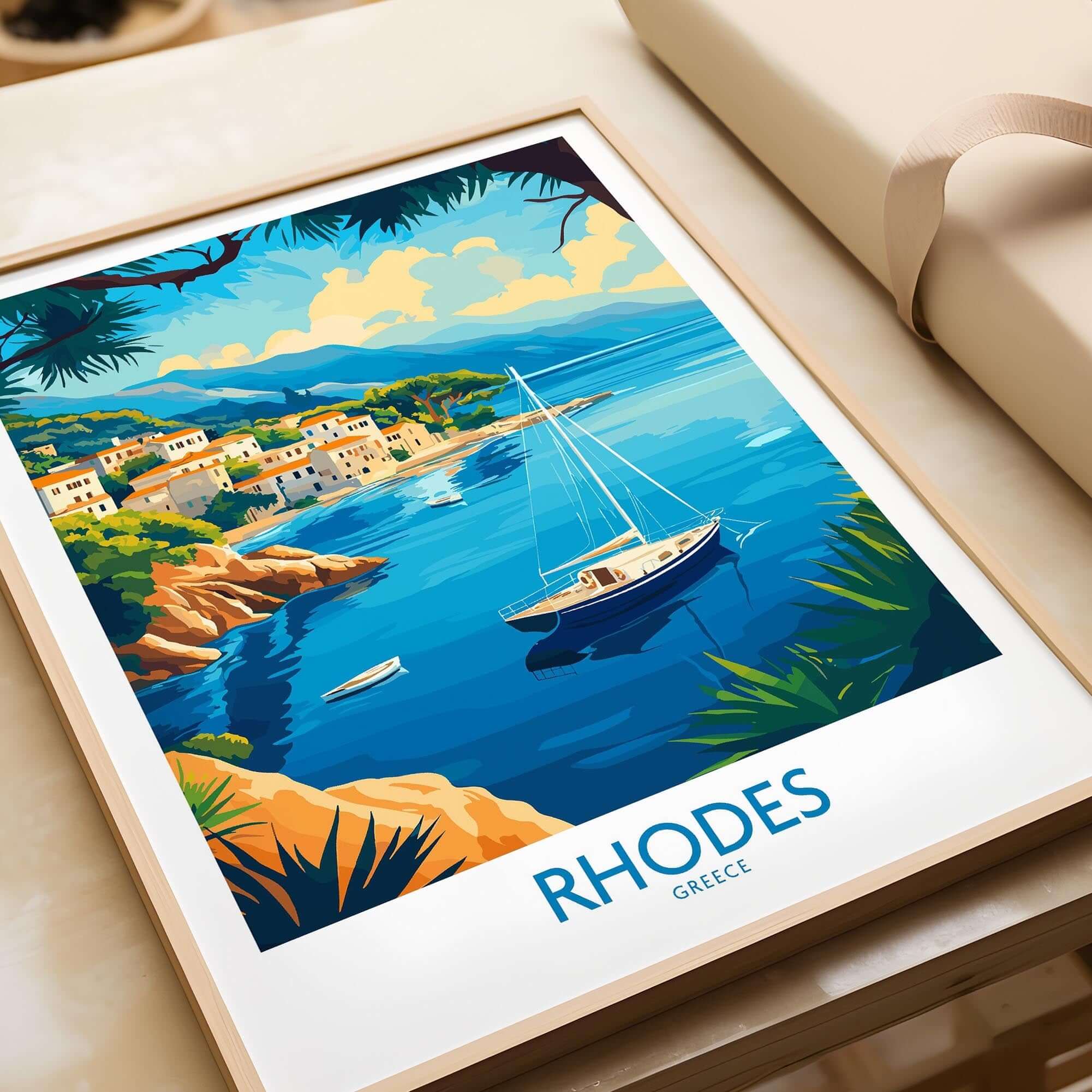 Rhodes Travel Poster featuring a picturesque view of Rhodes, Greece with boats and vibrant landscapes.