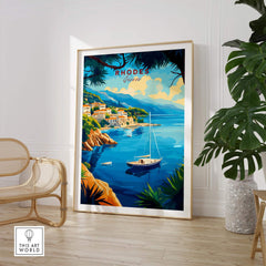 Rhodes Travel Print showcasing a colorful illustration of Rhodes, Greece with boats and vibrant scenery.