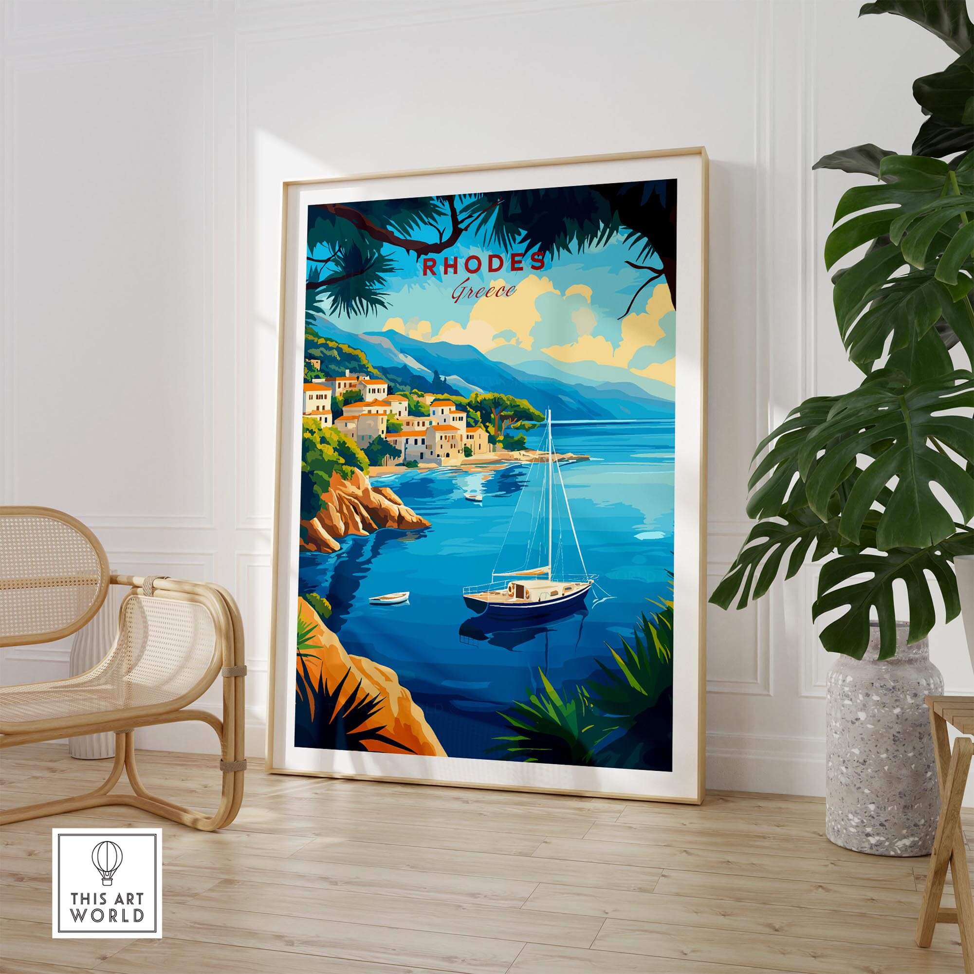 Rhodes Travel Print showcasing a colorful illustration of Rhodes, Greece with boats and vibrant scenery.