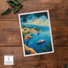 Rhodes Travel Print showcasing the beautiful coast of Rhodes, Greece with lush greenery and a peaceful boat scene.